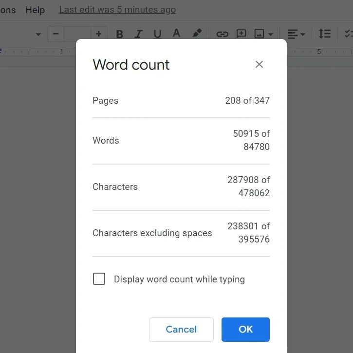 Screen capture of the word and page count for "A Dream of Stellarships"

208 out of 347 pages edits.
50915 of 84780 words.